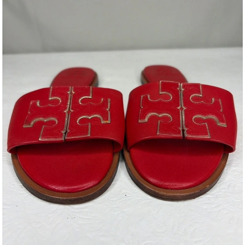 Tory Burch Ines‎ Slide Sandals Red Leather Gold Trim Logo Flats 6.5